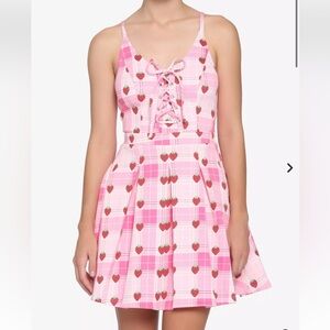 Pink red Strawberry Plaid Lace-Up Dress 0 plus size